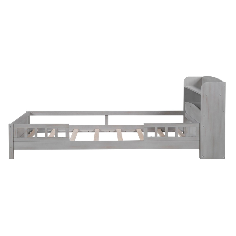 Wood Twin Size Platform Bed with Built-in LED Light, Storage Headboard, Guardrail, and Sturdy Construction, 87" L x 43" W x 31" H, Antique Gray