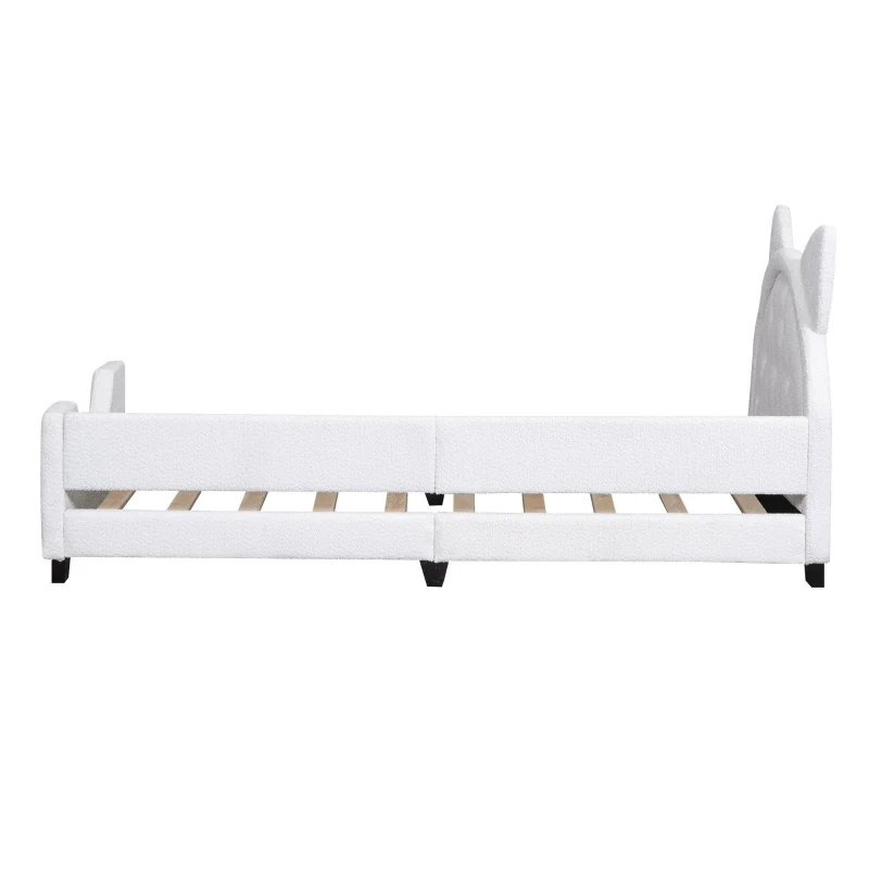 Teddy Fleece Twin Size Upholstered Daybed with Carton Ears Shaped Headboard, Sturdy Frame, Easy to Assemble, 80" L x 41" W x 37" H, White
