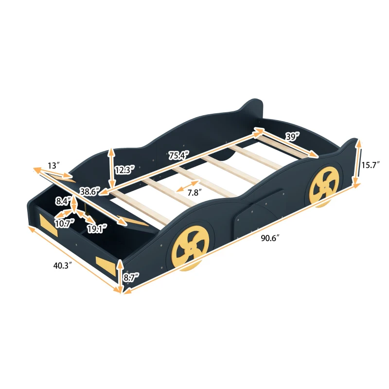 Twin Size Race Car-Shaped Platform Bed with Wheels and Storage, Solid Wood and MDF, 90.5" L x 40" W x 15.5" H, Dark Blue