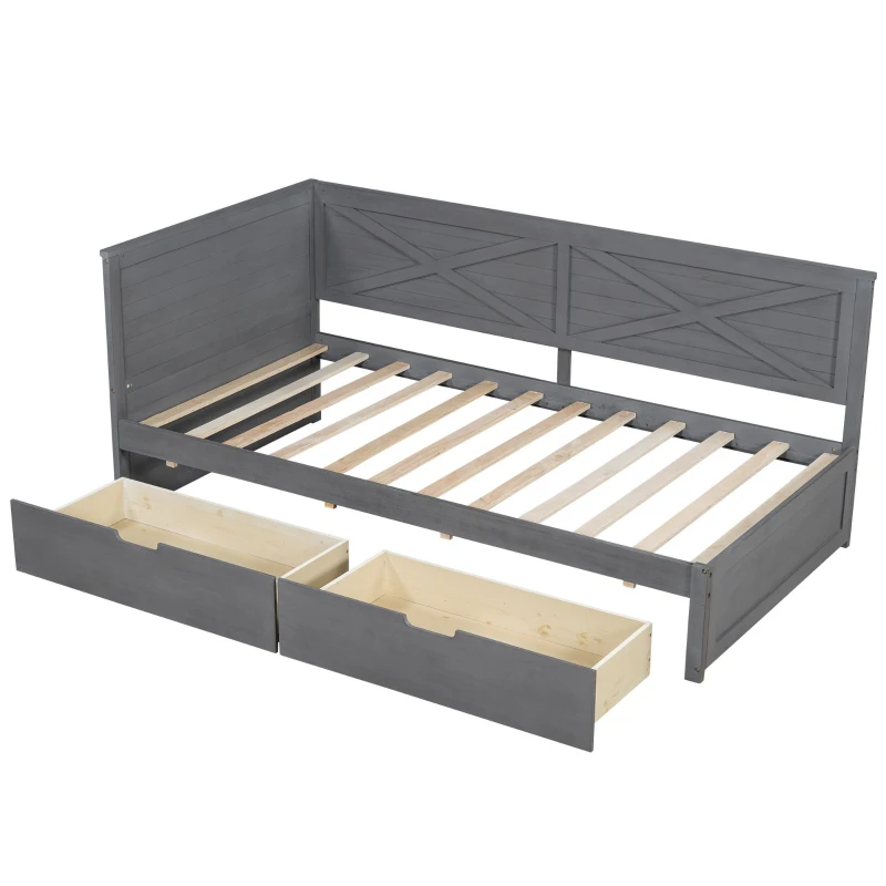 Vinsetto Twin Size Wood Daybed with 2 Drawers, Rustic Guardrail, Solid Pine Wood and MDF, 77.5" L x 42" W x 33.5" H, Grey