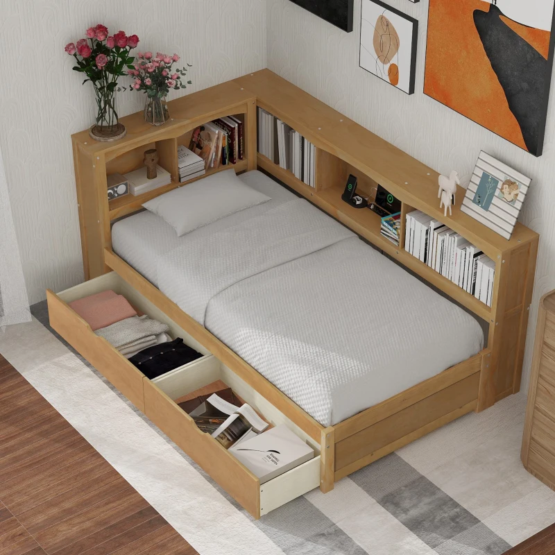 Twin Size Daybed with 2 Storage Drawers, Storage Cabinets, USB Ports, Solid Wood and MDF, 86" L x 51" W x 37.5" H, Wood