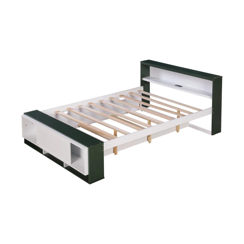 Vinsetto Full Size Platform Bed with Trundle, Storage Headboard and Footboard, USB Charging Ports, 92.5" L x 97.5" W x 32.5" H, White+Green