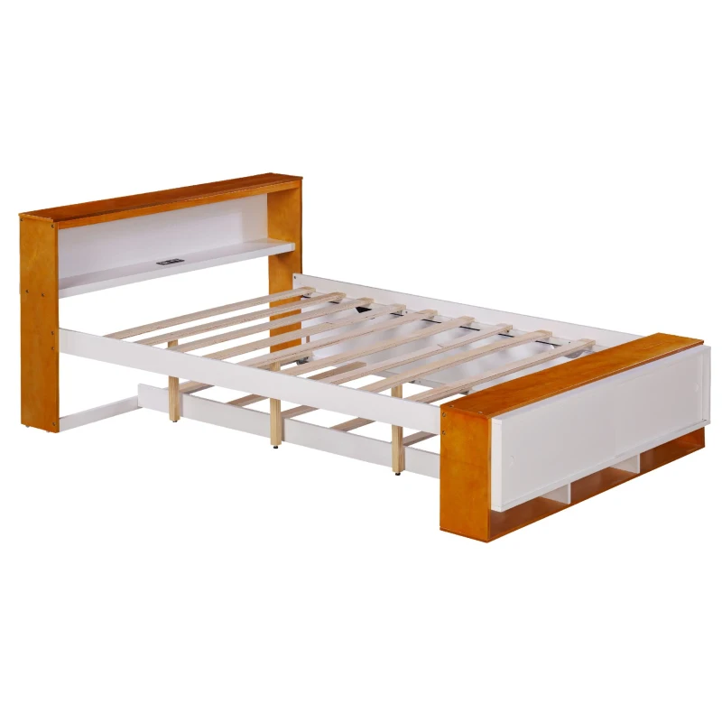 Vinsetto Full Size Platform Bed with Trundle, Storage Headboard and Footboard, USB Charging Design, 92.5" L x 97.5" W x 32.5" H, White+Natural