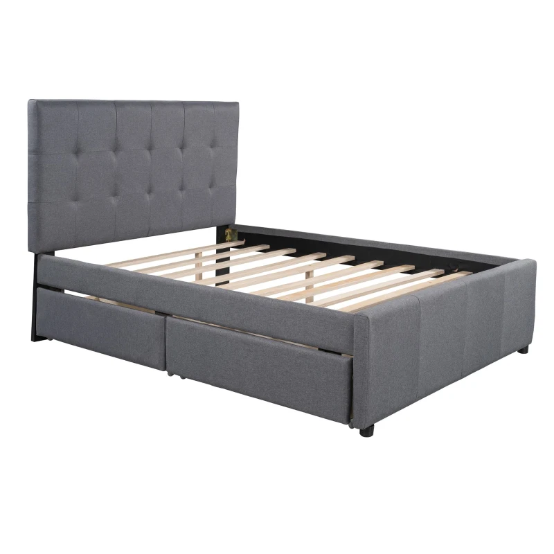 Vinsetto Full Size Linen Upholstered Platform Bed with Headboard and 2 Drawers, Solid Wood Frame, Built-in Slats, 79" L x 58" W x 47" H, Gray