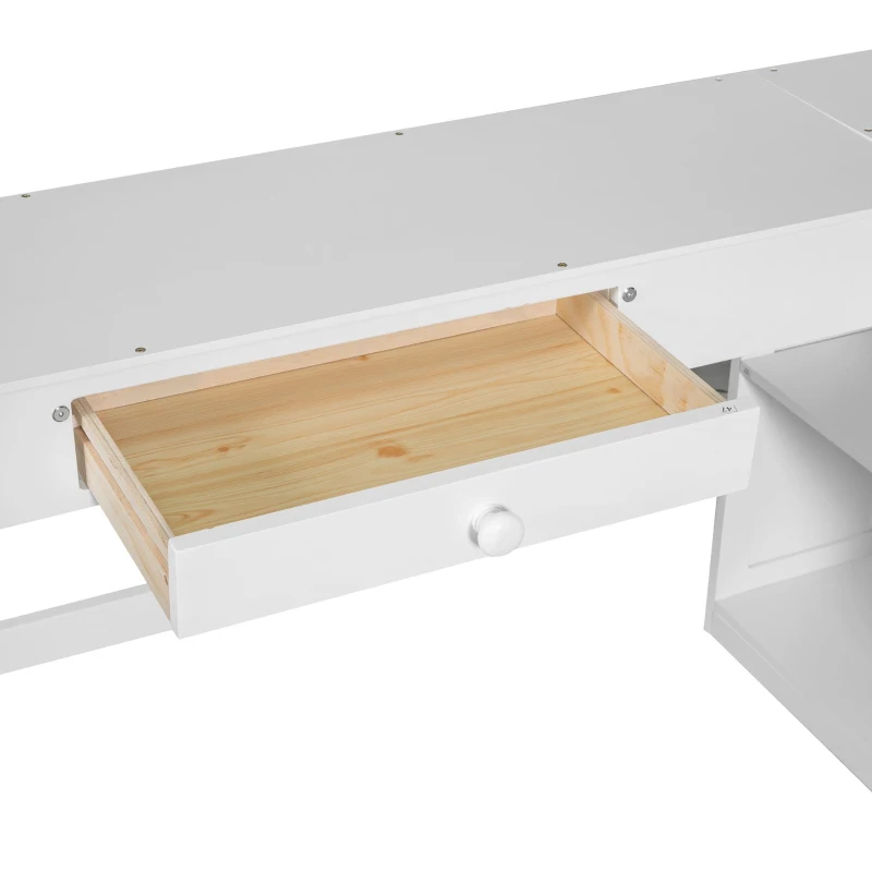 Full Size Loft Bed with U-shaped Desk, Drawers, Storage Shelves, and Sturdy Wood Frame, 77.5" L x 70" W x 75.5" H, White