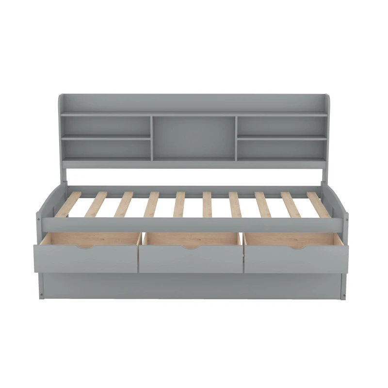 Classic Style Twin Size Wooden Captain Bed with Built-in Bookshelves, 3 Storage Drawers, and Trundle, 77.5" L x 88" W x 47" H, Gray