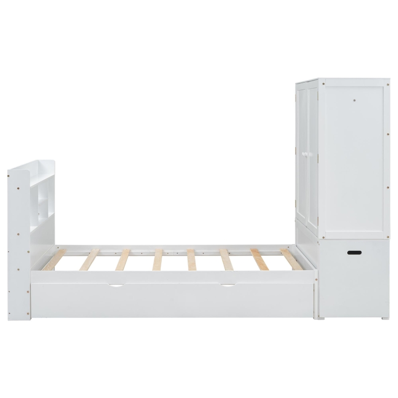 Vinsetto Twin Size Platform Bed with Storage Headboard, Footboard, Pull Out Shelves, and Twin Size Trundle, 101" L x 41.5" W x 65.5" H, White