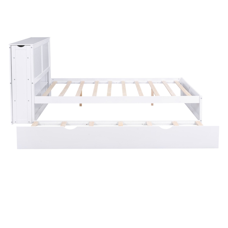 Queen Size Storage Platform Bed with Pull Out Shelves and Twin XL Trundle, Solid Wood and MDF, 111.5" L x 93.5" W x 39.5" H, White