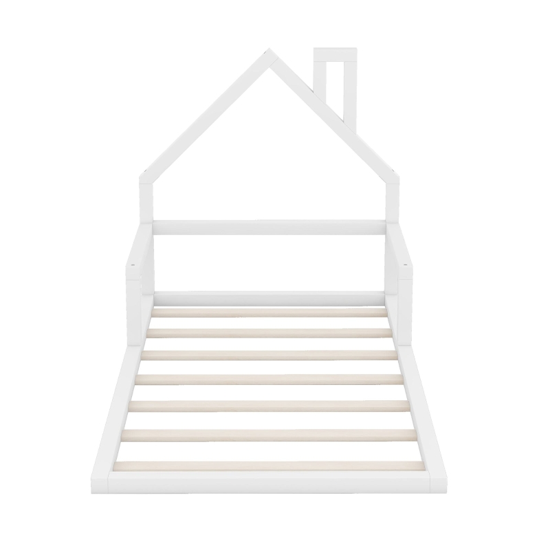 Twin Size Wood Floor Bed with House-Shaped Headboard, Sturdy Wood Construction, No Box Spring Needed, 78" L x 41.5" W x 39" H, White