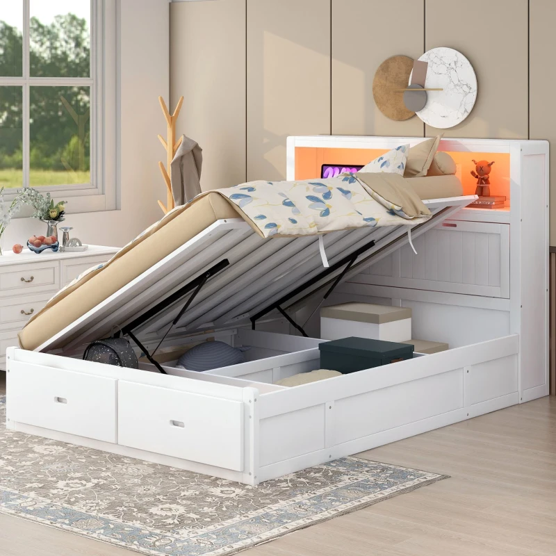 Wood Queen Size Hydraulic Platform Bed with Storage LED Headboard, Charging Station, and 2 Drawers, 90.5" L x 63" W x 47" H, White