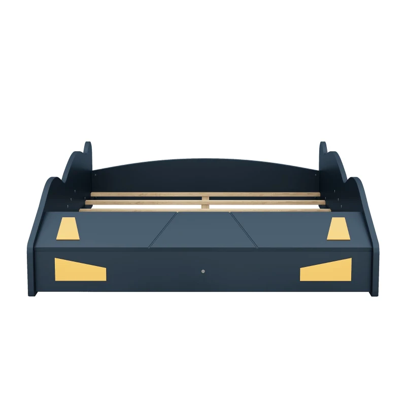 Full Size Race Car-Shaped Platform Bed with Wheels and Storage, Solid Wood and MDF, 90.5" L x 55" W x 15.5" H, Dark Blue