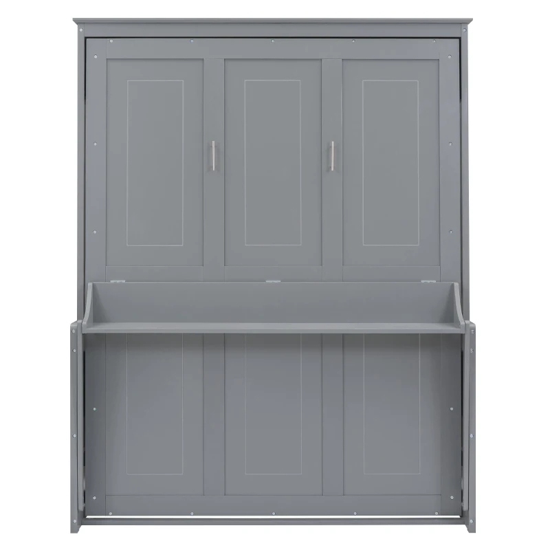 Space-Saving Design Queen Size Murphy Bed with Shelf, Solid Wood and MDF, 86" L x 69.5" W x 87" H, Gray