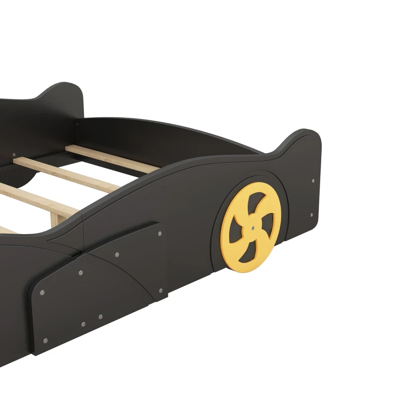 Full Size Race Car-Shaped Platform Bed with Wheels and Storage, Solid Wood and MDF, 90.5" L x 55" W x 15.5" H, Black