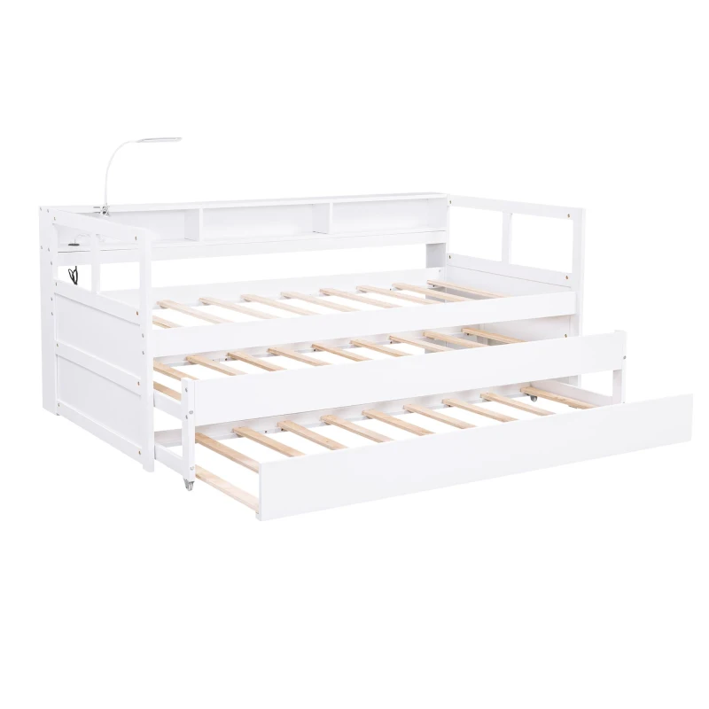 Twin XL Wood Daybed with 2 Trundles, 3 Storage Cubbies, USB Charging Design, and Free Light, 82" L x 129.5" W x 35.5" H, White