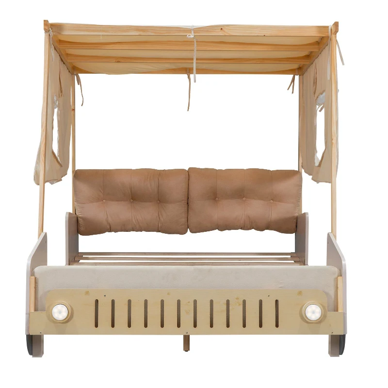 Wood Full Size Car Bed with Pillow, Ceiling Cloth, LED Lights, and Magazine Holder, 79" L x 57.5" W x 62" H, Natural