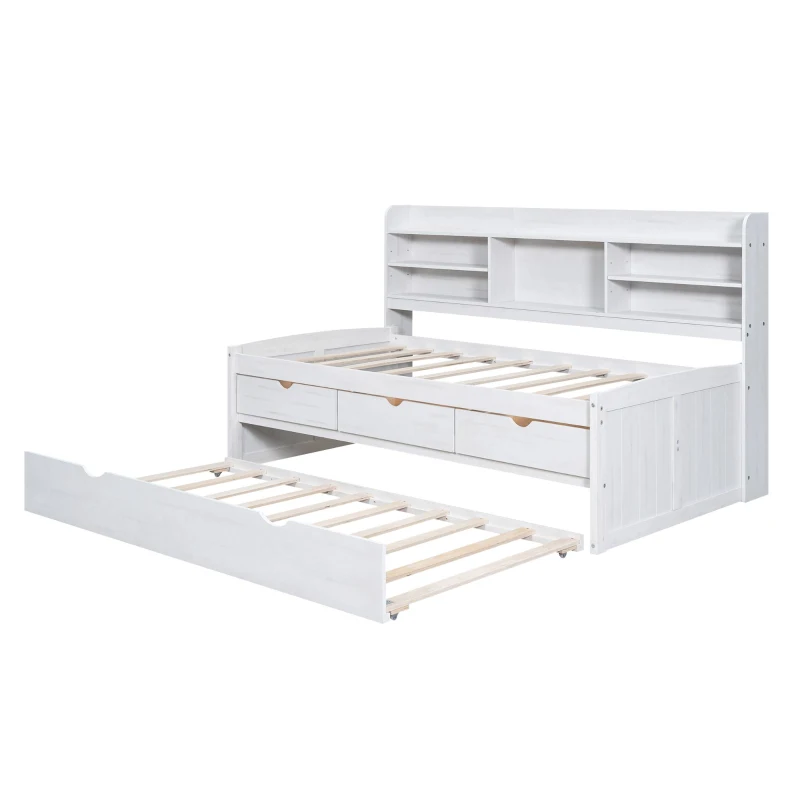Vinsetto Classic Style Twin Size Wooden Captain Bed with Built-in Bookshelves, 3 Storage Drawers, Trundle, 77.5" L x 88" W x 47" H, White Washed
