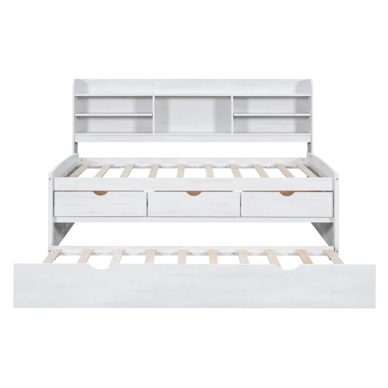 Vinsetto Classic Style Twin Size Wooden Captain Bed with Built-in Bookshelves, 3 Storage Drawers, Trundle, 77.5" L x 88" W x 47" H, White Washed
