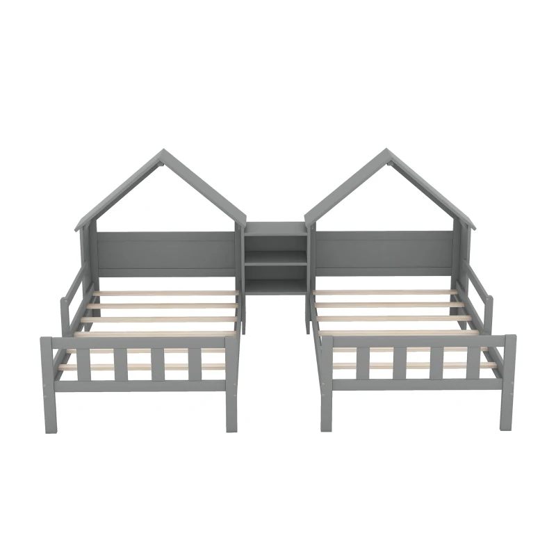 Double Twin Size Platform Bed with House-Shaped Headboard, Built-in Nightstand, Solid Wood Construction, 99.5" L x 78" W x 48" H, Gray