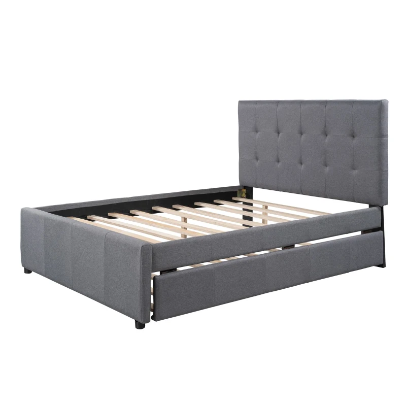 Vinsetto Full Size Linen Upholstered Platform Bed with Headboard and Trundle, Solid Wood Frame, Built-in Slats, 79" L x 58" W x 47" H, Gray