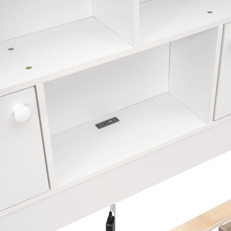 Vinsetto Full Size Platform Bed with Storage Headboard, Charging Station, and 4 Drawers, Solid Wood and MDF, 85" L x 55" W x 48" H, White