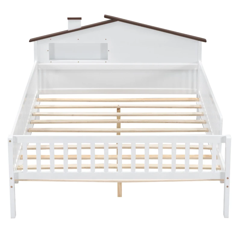 Full Size Wood Platform Bed with House-Shaped Headboard, LED Light, Built-in Storage, 82" L x 56" W x 36" H, White