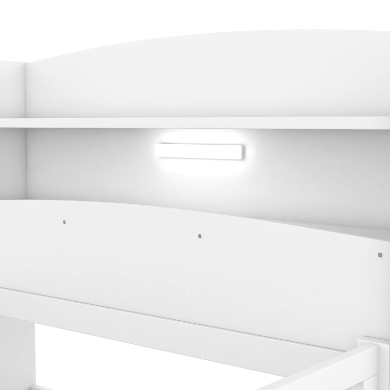 Wood Twin Size Platform Bed with Built-in LED Light, Storage Headboard, Guardrail, and Sturdy Construction, 87" L x 43" W x 31" H, White