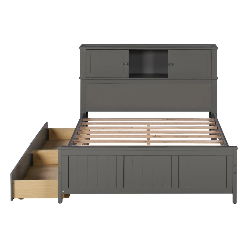 Vinsetto Full Size Platform Bed with Storage Headboard, Sliding Door, 2 Drawers, Solid Wood and MDF, 89" L x 58" W x 42" H, Gray