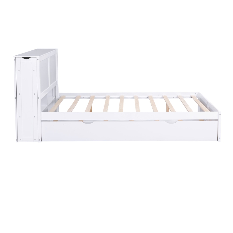 Queen Size Storage Platform Bed with Pull Out Shelves and Twin XL Trundle, Solid Wood and MDF, 111.5" L x 93.5" W x 39.5" H, White