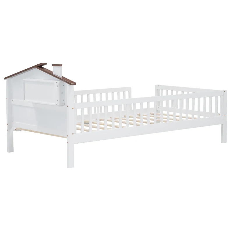 Twin Size Wood Platform Bed with House-Shaped Headboard, LED Light, Built-in Storage, 82" L x 41" W x 36" H, White