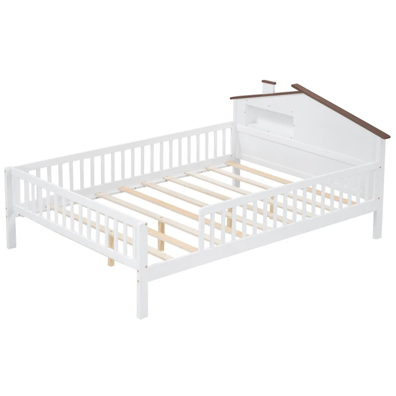 Full Size Wood Platform Bed with House-Shaped Headboard, LED Light, Built-in Storage, 82" L x 56" W x 36" H, White