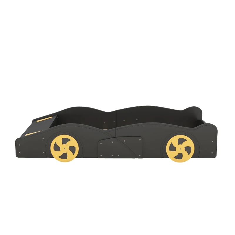 Twin Size Race Car-Shaped Platform Bed with Wheels and Storage, Solid Wood and MDF, 90.5" L x 40" W x 15.5" H, Black