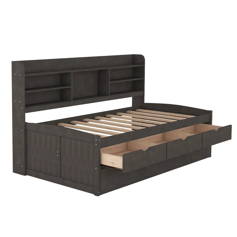 Classic Style Twin Size Wooden Captain Bed with Built-in Bookshelves, 3 Storage Drawers, and Trundle, 77.5" L x 88" W x 47" H, Antique Gray