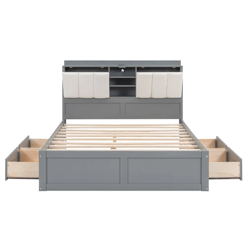 Vinsetto Wood Full Size Platform Bed with Storage Headboard, 4 Drawers, USB Charging Interface, 87" L x 56.5" W x 39.5" H, Gray