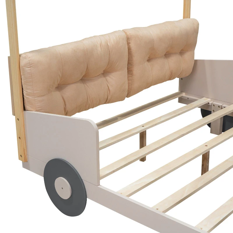 Wood Full Size Car Bed with Pillow, Ceiling Cloth, LED Lights, and Magazine Holder, 79" L x 57.5" W x 62" H, Natural