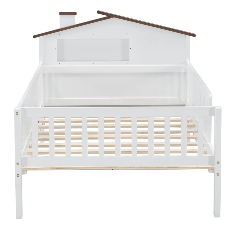 Twin Size Wood Platform Bed with House-Shaped Headboard, LED Light, Built-in Storage, 82" L x 41" W x 36" H, White