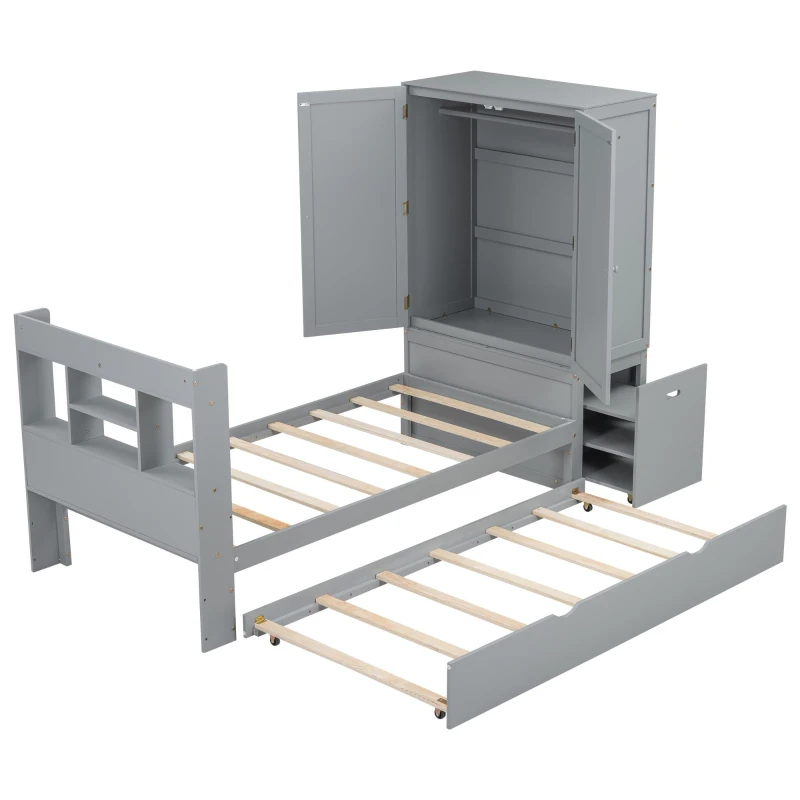 Twin Size Platform Bed with Storage Headboard, Footboard, Pull Out Shelves, and Twin Size Trundle, 101" L x 41.5" W x 65.5" H, Gray