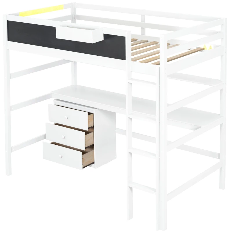 Wood Twin Size Loft Bed with Desk, Blackboard, Storage Box, Shelf, and 3 Drawers, 79" L x 42" W x 69.5" H, White