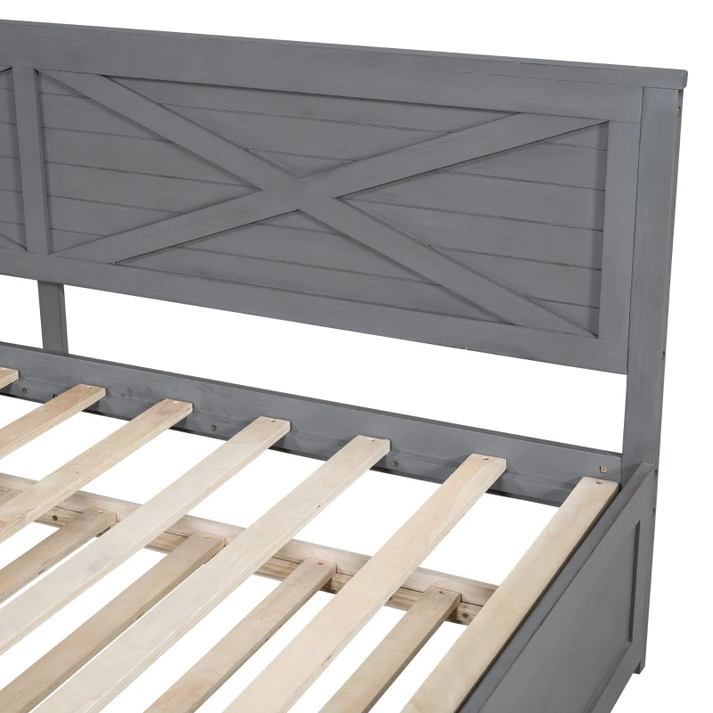 Vinsetto Twin Size Wood Daybed with Trundle, Rustic Guardrail, Solid Wood Construction, 77.5" L x 42" W x 33.5" H, Grey