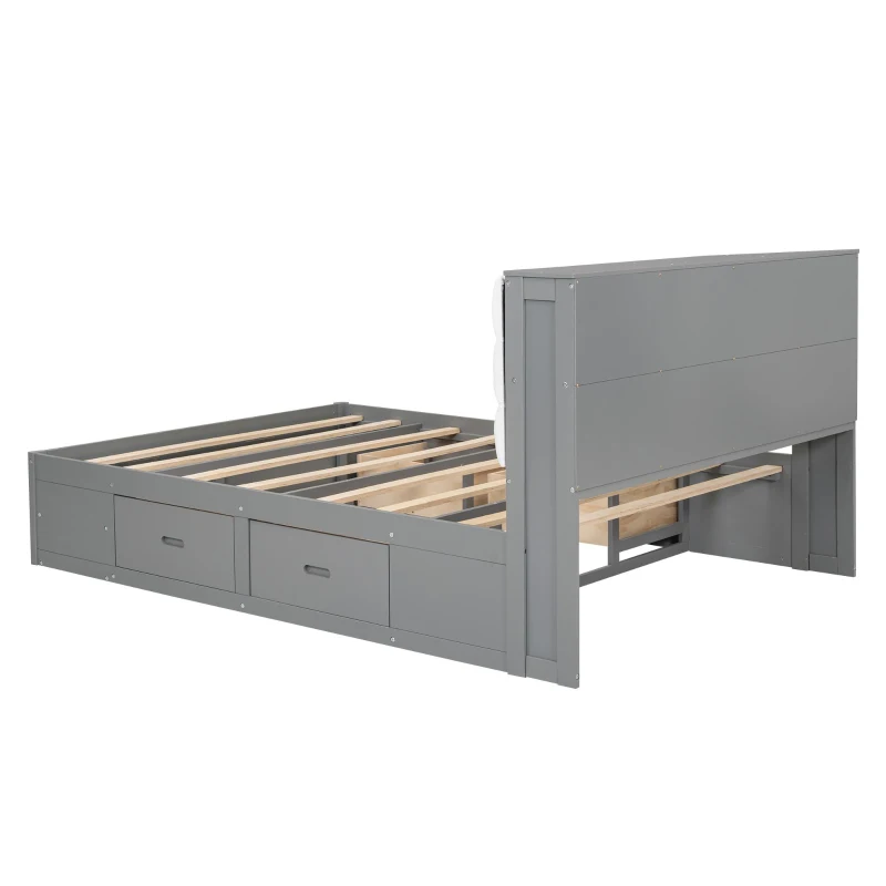 Wood Queen Size Platform Bed with Storage Headboard, Shoe Rack, and 4 Drawers, 90.5" L x 63" W x 43" H, Gray