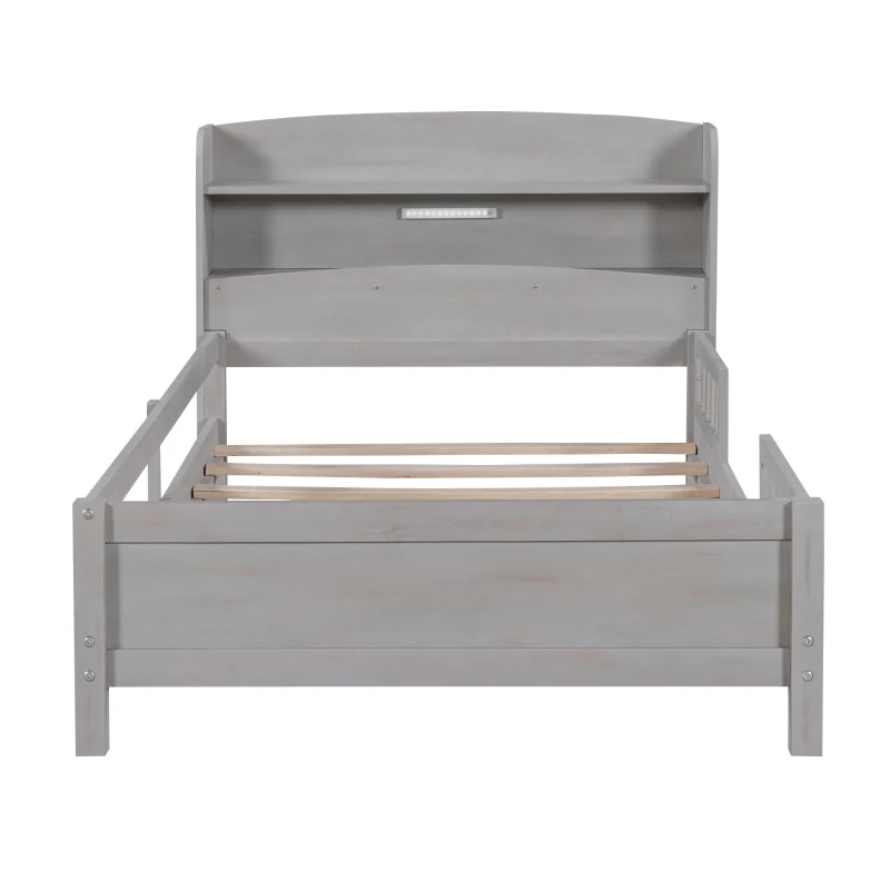 Wood Twin Size Platform Bed with Built-in LED Light, Storage Headboard, Guardrail, and Sturdy Construction, 87" L x 43" W x 31" H, Antique Gray