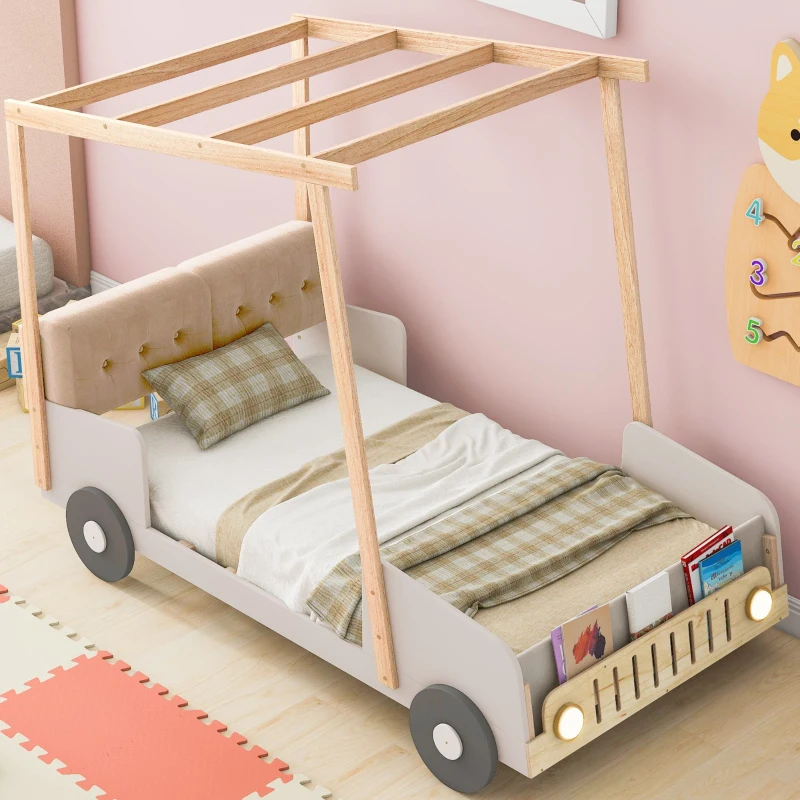 Wood Twin Size Car Bed with Pillow, Ceiling Cloth, LED Lights, and Magazine Holder, 79" L x 42.5" W x 62" H, Natural