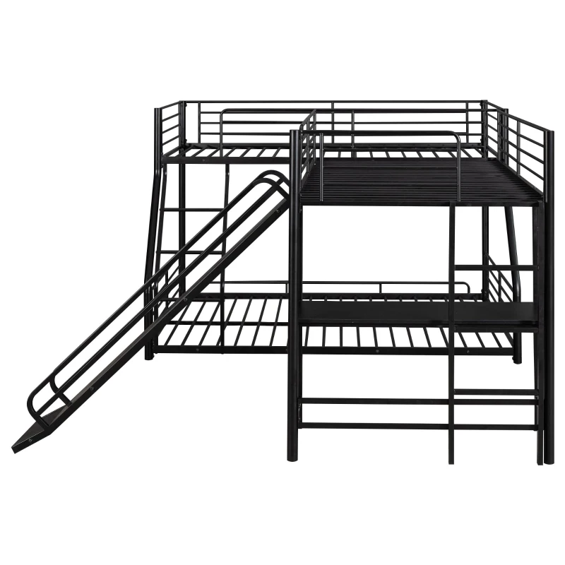 L-Shaped Twin over Full Bunk Bed with Twin Loft, Built-in Desk, Slide, Metal Frame, 117.5" L x 77.5" W x 53" H, Black