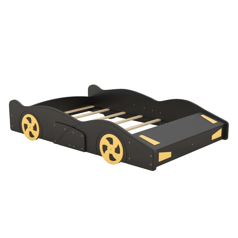 Full Size Race Car-Shaped Platform Bed with Wheels and Storage, Solid Wood and MDF, 90.5" L x 55" W x 15.5" H, Black