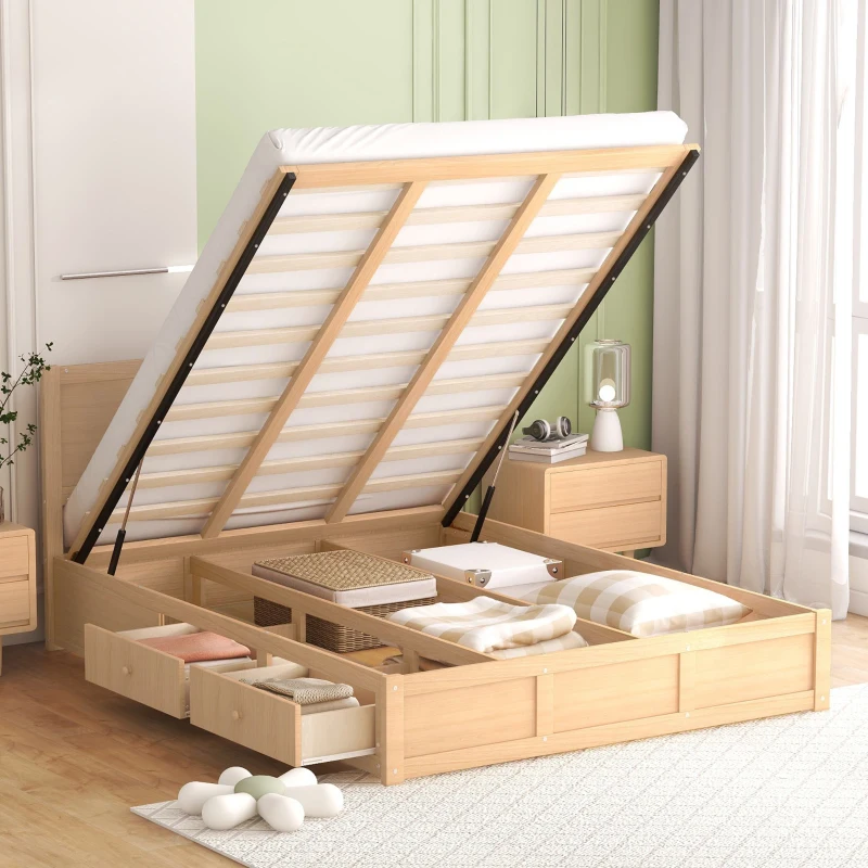 Queen Size Wood Platform Bed with Underneath Storage, 2 Drawers, and Sturdy Wood Frame, 82" L x 63.5" W x 37.5" H, Natural