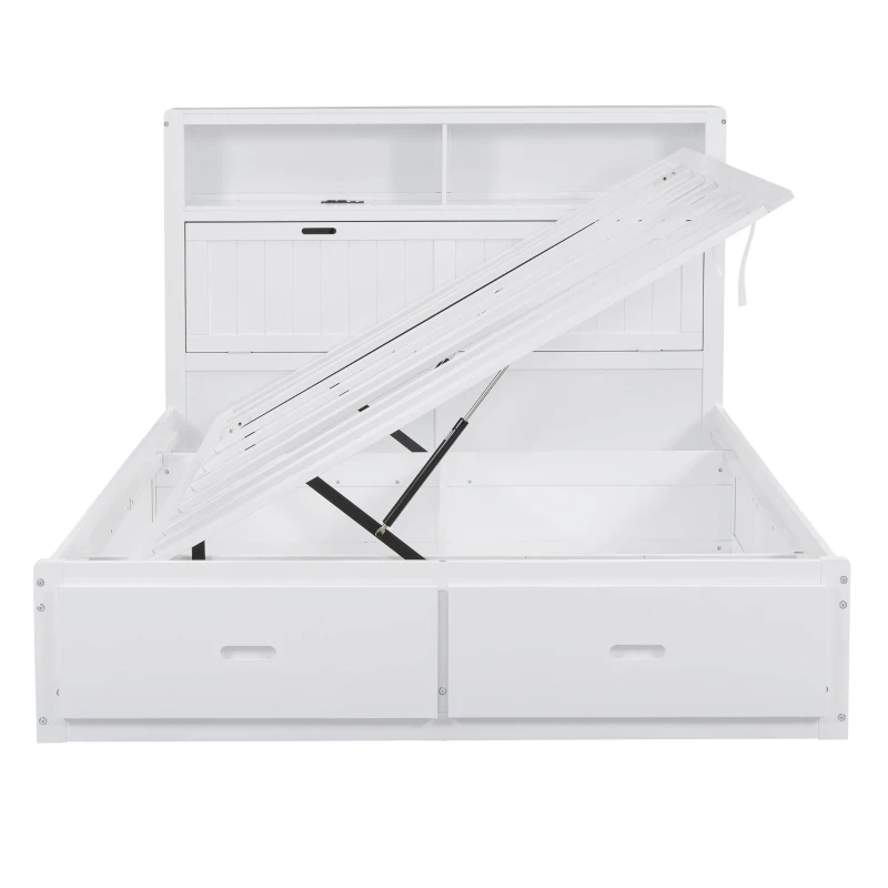 Wood Queen Size Hydraulic Platform Bed with Storage LED Headboard, Charging Station, and 2 Drawers, 90.5" L x 63" W x 47" H, White