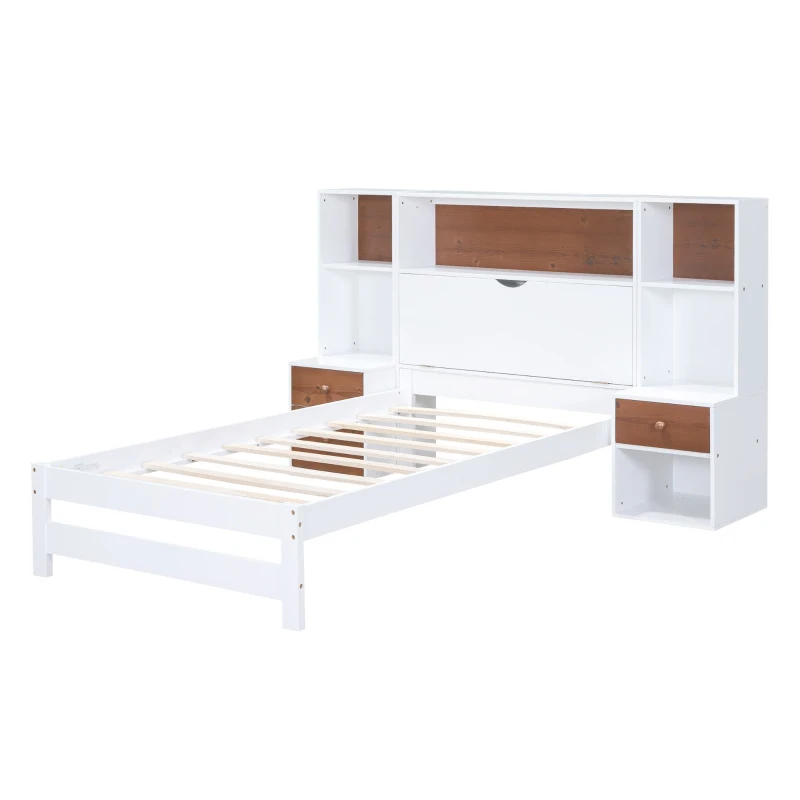 Vinsetto Twin Size Platform Bed with Storage Headboard, Drawers, and Nightstands, Solid Wood and MDF, 87" L x 73.5" W x 45" H, White