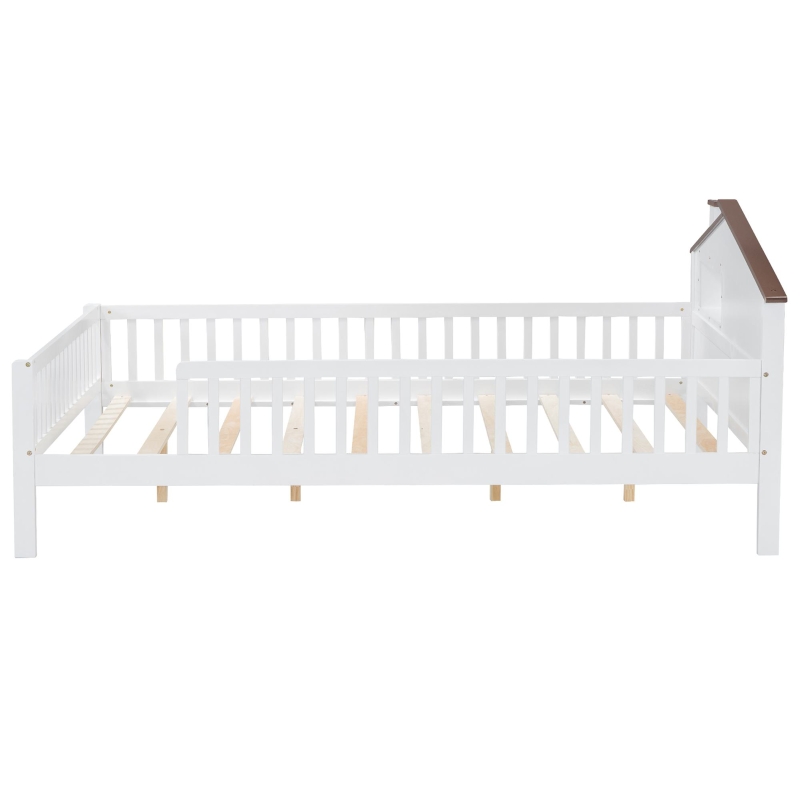 Full Size Wood Platform Bed with House-Shaped Headboard, LED Light, Built-in Storage, 82" L x 56" W x 36" H, White