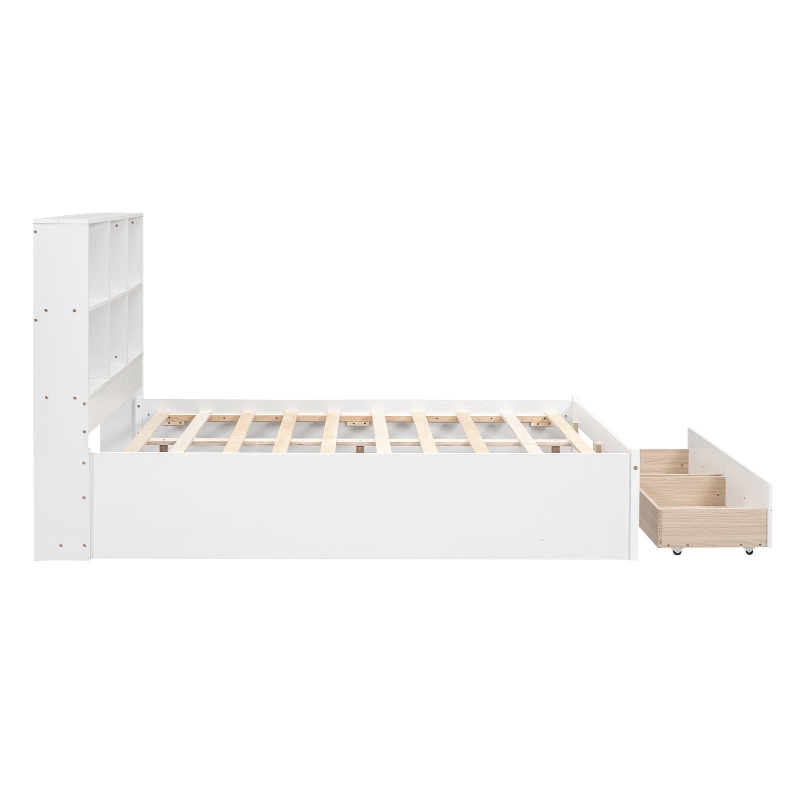 Full Size Platform Bed with Storage Headboard, Charging Station, and 2 Drawers, Solid Wood and MDF, 85" L x 55" W x 48" H, White