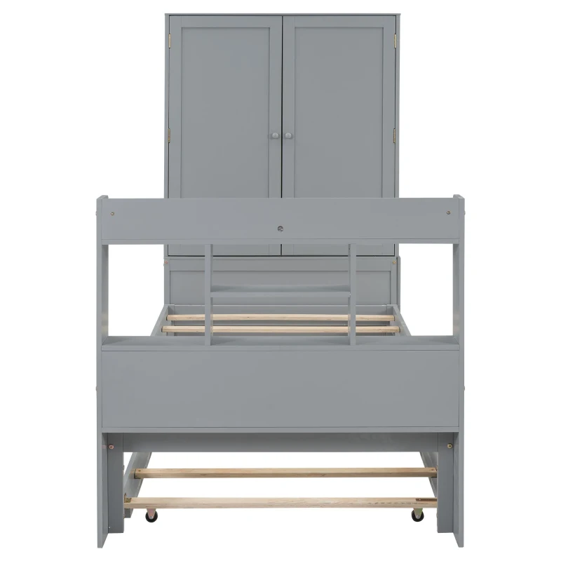 Twin Size Platform Bed with Storage Headboard, Footboard, Pull Out Shelves, and Twin Size Trundle, 101" L x 41.5" W x 65.5" H, Gray
