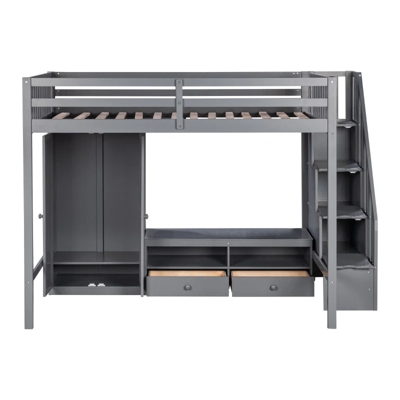 Full Size Loft Bed Frame with Wardrobe, Low Storage Table, Storage Staircase, Solid Wood and MDF, 93.5" L x 56.5" W x 65.5" H, Gray